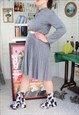 VINTAGE RETRO 50S GREY MONOCHROME PLEATED KEYHOLE MIDI DRESS