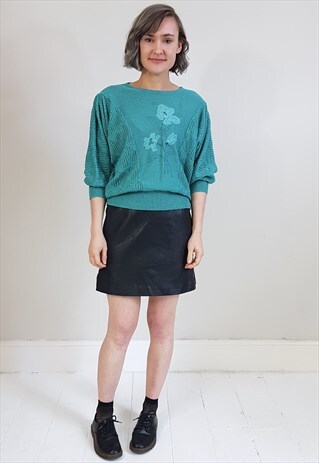 VINTAGE 80'S GREEN LIGHTWEIGHT FLORAL SWEATER JUMPER