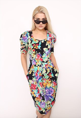 VINTAGE 80S MULTICOLOURED FLORAL MIDI DRESS
