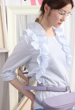 RUFFLE TRIM PINSTRIPED BLOUSE