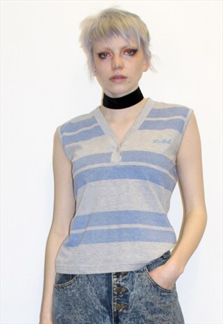 VINTAGE 80S REEBOK BLUE AND GREY STRIPPED OVERSIZED VEST TOP