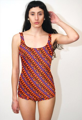 VINTAGE SWIMSUIT (M) GEOMETRIC PRINT 70S ONE PIECE BODYSUIT