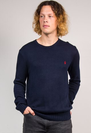 VINTAGE 90'S POLO RALPH LAUREN NAVY BLUE KNIT JUMPER