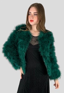 New Vintage Style Green Feather Long Sleeve Crop Jacket
