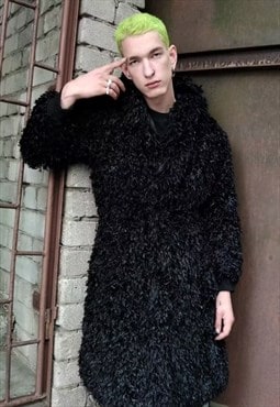 Loose fit fleece jacket in black fake fur fluffy hooded coat