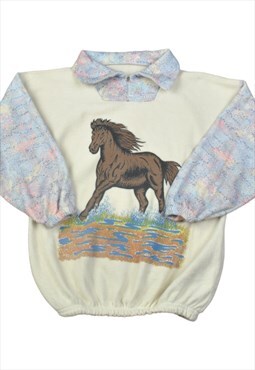 Vintage Fleece  1/4 Zip Horse Pattern White Ladies Small