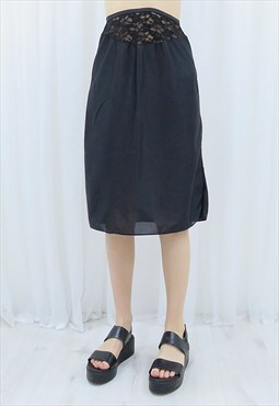 80s Vintage Black Lace Slip Skirt