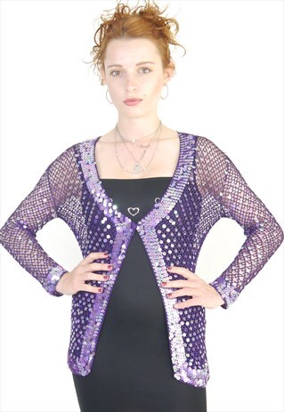 VINTAGE 90S Y2K PURPLE CROCHET FISHNET SEQUIN CARDIGAN