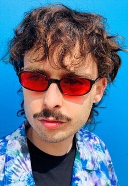 Vintage Sunglasses Brown Skinny Sunglasses Red Lenses Shades