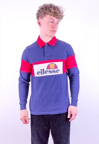 VINTAGE ELLESSE SPELL OUT RUGBY POLO SHIRT IN BLUE