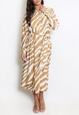 Zebra Print Belted Shirt Dress In Taupe