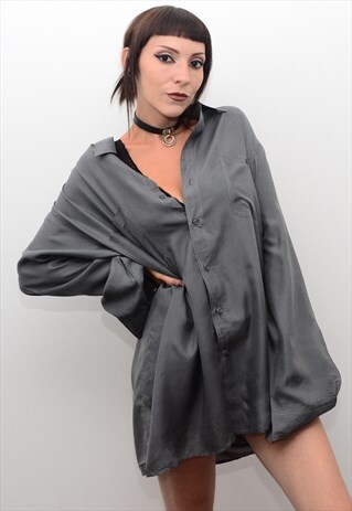 VINTAGE 90'S GENUINE SILK SILVER GREY OVERSIZED SHIRT
