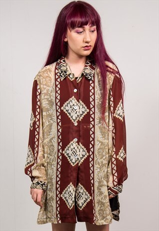 VINTAGE 90'S MAROON AZTEC PATTERN OVERSIZED SHIRT