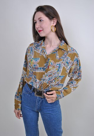 RETRO MULTICOLOR ABSTRACT PRINT BLOUSE, 80S YELLOW SHIRT