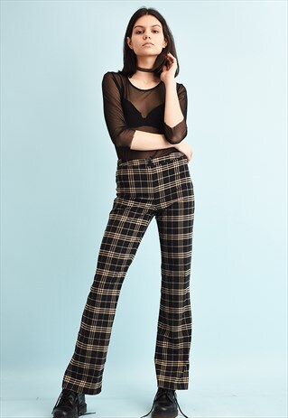 90'S RETRO REGULAR WAIST CHECKED PRINT FLARE TROUSERS