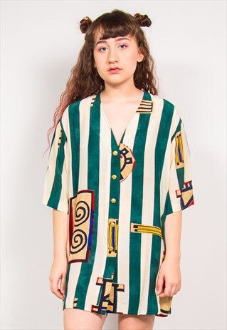 VINTAGE 90'S GREEN STRIPED COLLARLESS OVERSIZED SHIRT