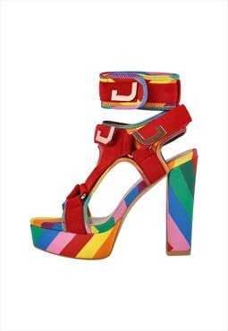 Canvas Rainbow Ankle Strap Chunky Heel Sandals