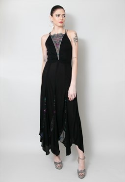 70's Black Maxi Dress with Sheer Panelling Studio 54 Evening