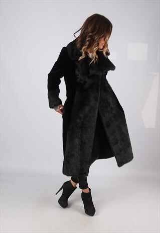 VINTAGE FAUX FUR SUEDE COAT JACKET MID LONG UK 10 (GVDB)