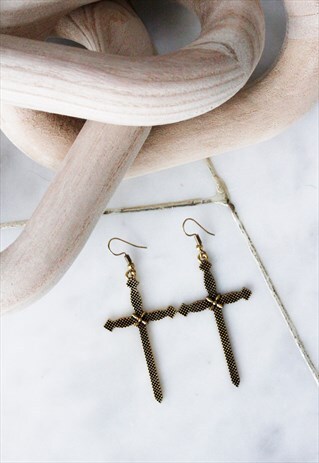 GOLD RELIGIOUS CROSS ANTIQUE FINISH MINIMALIST DROP EARRINGS