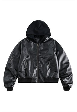 Cropped bomber jacket faux leather hooded puffer in black