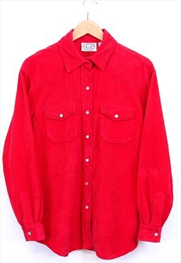Vintage Corduroy Shirt Red Long Sleeve Button Pockets 90s