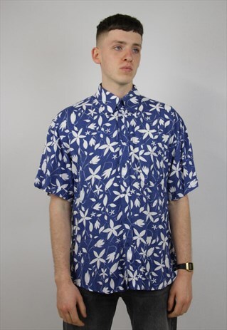 VINTAGE 90'S FLORAL PATTERNED BLUE SHIRT