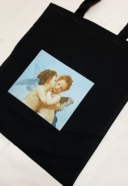Angel Cherub First Kiss Vintage Art Canvas Tote Bag