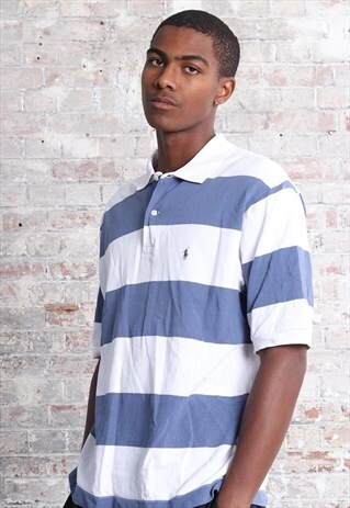VINTAGE RALPH LAUREN STRIPED LOGO POLO BLUE WHITE