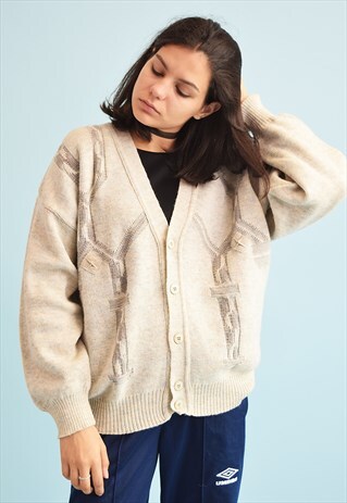 90'S RETRO NEUTRAL SLOUCHY CHUNKY KNIT GRANDADS CARDIGAN