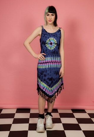 " VINTAGE BLUE PINK PURPLE TIE DYE BEADED SUMMER DRESS