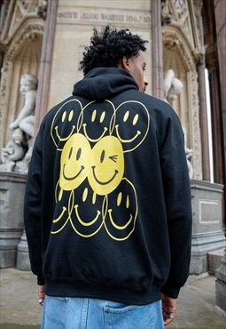 Heavyweight Hoodie in Black With 90s Rave Smiley Print