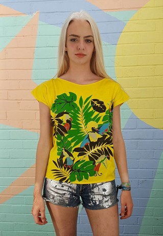 YELLOW 80S T SHIRT TOP WITH BRIGHT TROPICAL BIRDS PRINT