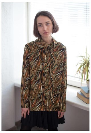 VINTAGE 70'S PATTERN HIGH COLLAR BLOUSE