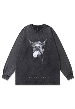 Doberman print sweatshirt Y2K dog tee vintage top acid grey