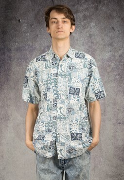 90s short sleeve shirt with abstract pattern in blue color