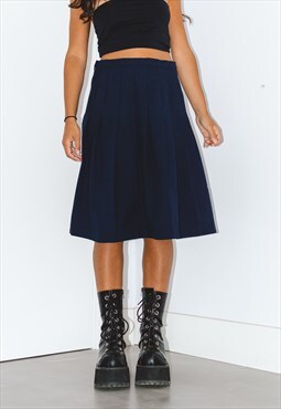 Vintage 90s Pleated Navy Blue Midi Skirt