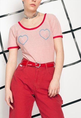 REWORKED RINGER BODYSUIT W EMBROIDERED HEARTS ON THE BOOBS