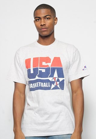 VINTAGE CHAMPION USA BASKETBALL LOGO T-SHIRT BLUE