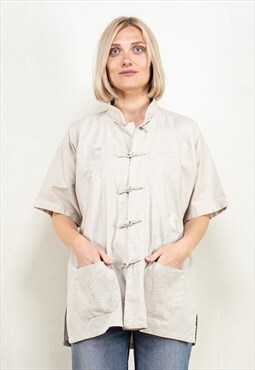 Vintage 90's Linen Chinese Shirt in Beige
