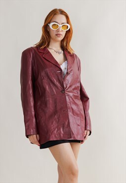Vintage 90s Grunge Burgundy Button Up Leather Jacket Women L