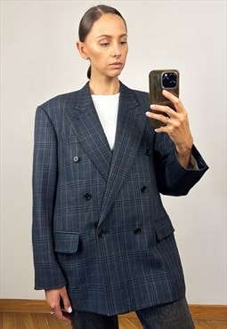 Vintage Blue Plaid Men's Cashmere  Wool Blazer