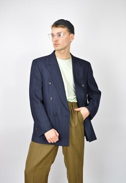 Vintage dark blue classic striped wool suit blazer