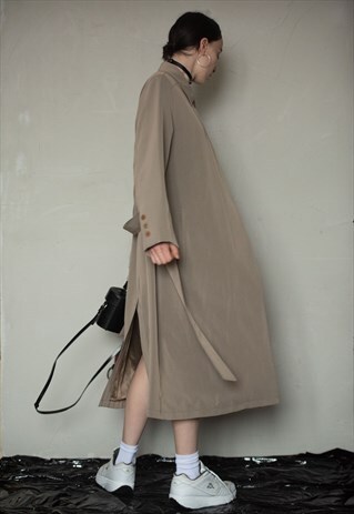 VINTAGE MINIMAL FANCY LONG OLIVE COAT . STRAIGHT CUT .UNISEX