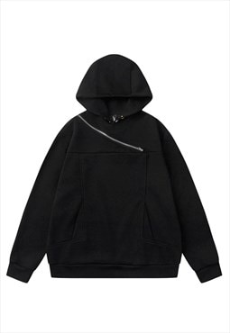 Raised neck hoodie asymmetric pullover utility jumper black