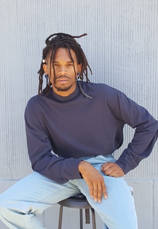 90S MINIMALIST SPORTWEAR MOCK TURTLE NECK BLUE TEE LARGE