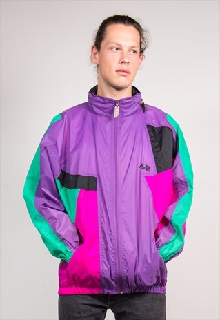 90'S BRIGHT PURPLE COLOURBLOCK CAGOULE RAIN JACKET