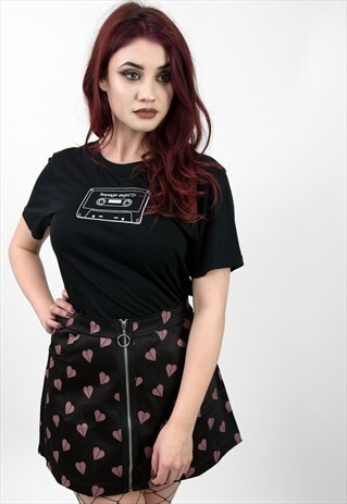 'HEARTBREAKER' ZIP BROKEN HEART PRINTED BLACK MINI SKIRT
