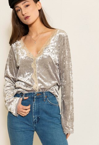 VINTAGE 90S SILVER VELVET BLOUSE