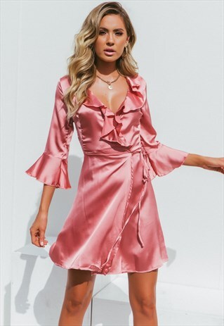 ROSE SATIN WRAP DRESS W/ FRILL
